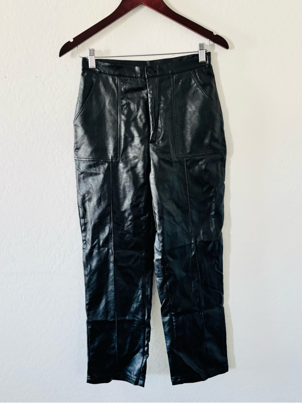 Princess Polly Black Faux Leather Pants High Rise Straight Leg Size US 4